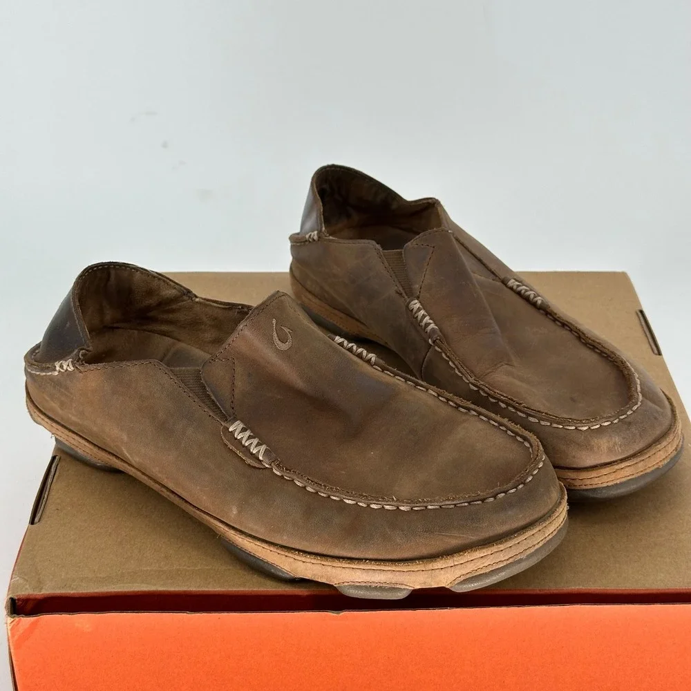 Olukai Molokai Brown Leather Slip On Casual Slipper Shoes Comfort Loafers 10